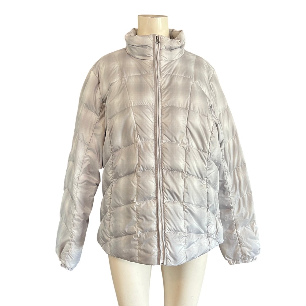 Eddie Bauer Womens XL Light Grey Plaid Down Puffer Jacket Full Zip Insulated